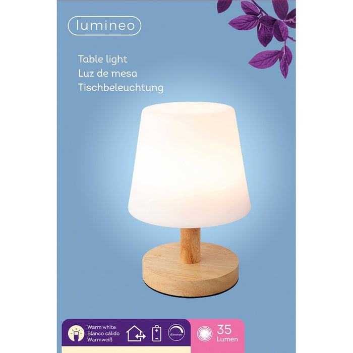 Lumineo Lampada da tavolo a LED ricaricabile per esterni, dimmerabile, incl. telecomando, legno, 22 cm