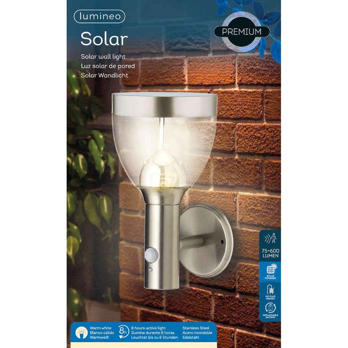 Applique murale LED solaire Lumineo, 28 cm, détecteur de mouvement, acier inoxydable