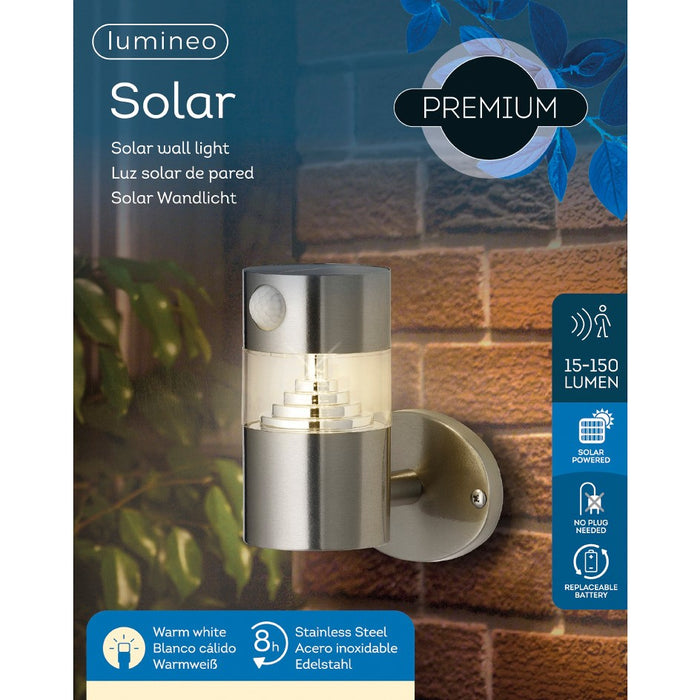 Lumineo Lampada da parete a LED ad energia solare, 16 cm, sensore di movimento, acciaio inox